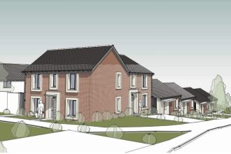 Artist's impression of a proposed two-storey red-brick house alongside single-storey bungalows in Croeserw