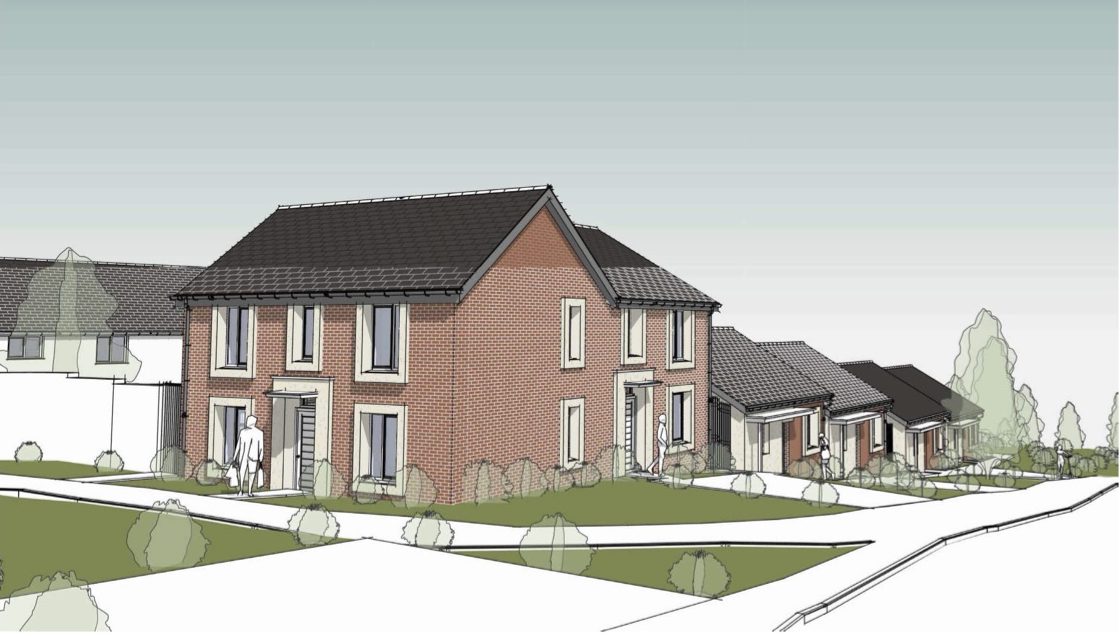 Artist's impression of a proposed two-storey red-brick house alongside single-storey bungalows in Croeserw