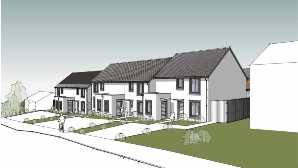 Artist's impression of a row of proposed white-render homes in Croeserw with front gardens and off-street parking