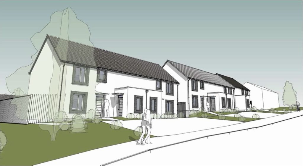 Artist's impression of proposed white-render houses with grey slate-effect roofs along a new street scene in Croeserw