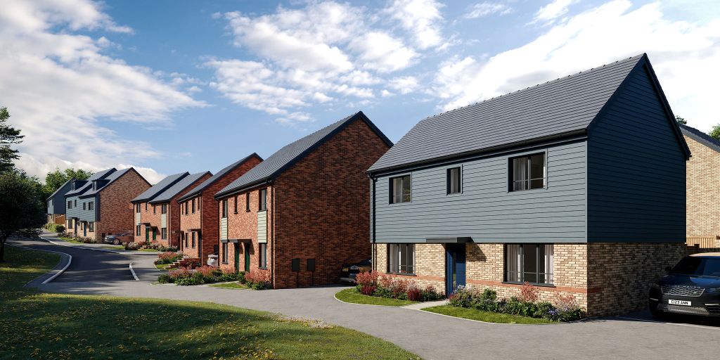 A CGI render of a street of new red-brick and blue-clad homes with grey-tiled roofs at the Woodland Grove development, Gowerton.