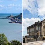 Split image showing Mumbles pier and lighthouse on the left and Morriston's Tabernacle chapel on the right