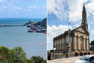 Split image showing Mumbles pier and lighthouse on the left and Morriston's Tabernacle chapel on the right