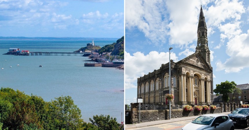 Split image showing Mumbles pier and lighthouse on the left and Morriston's Tabernacle chapel on the right