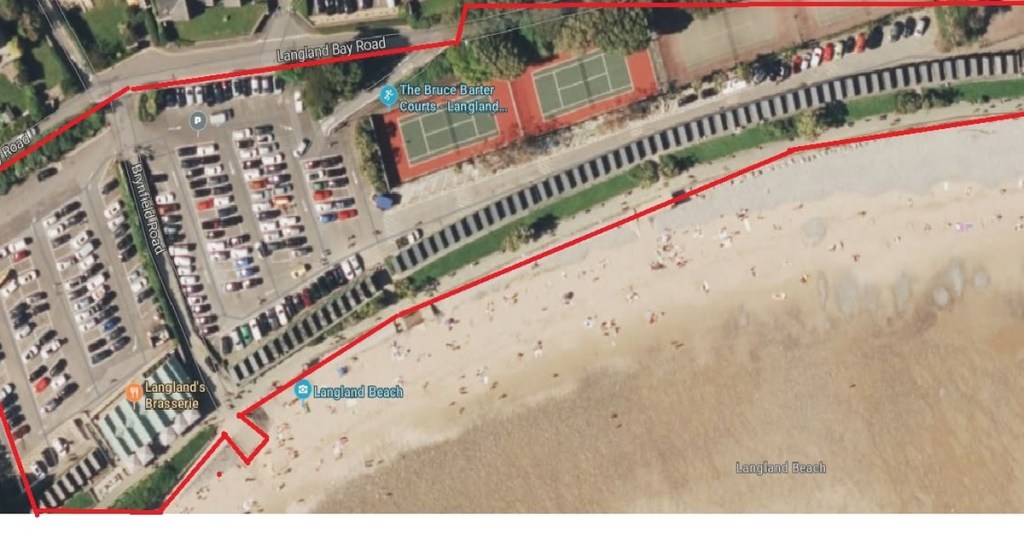 An aerial map of Langland Bay with a red outline marking the dispersal order zone, covering the beach, car park and seafront.