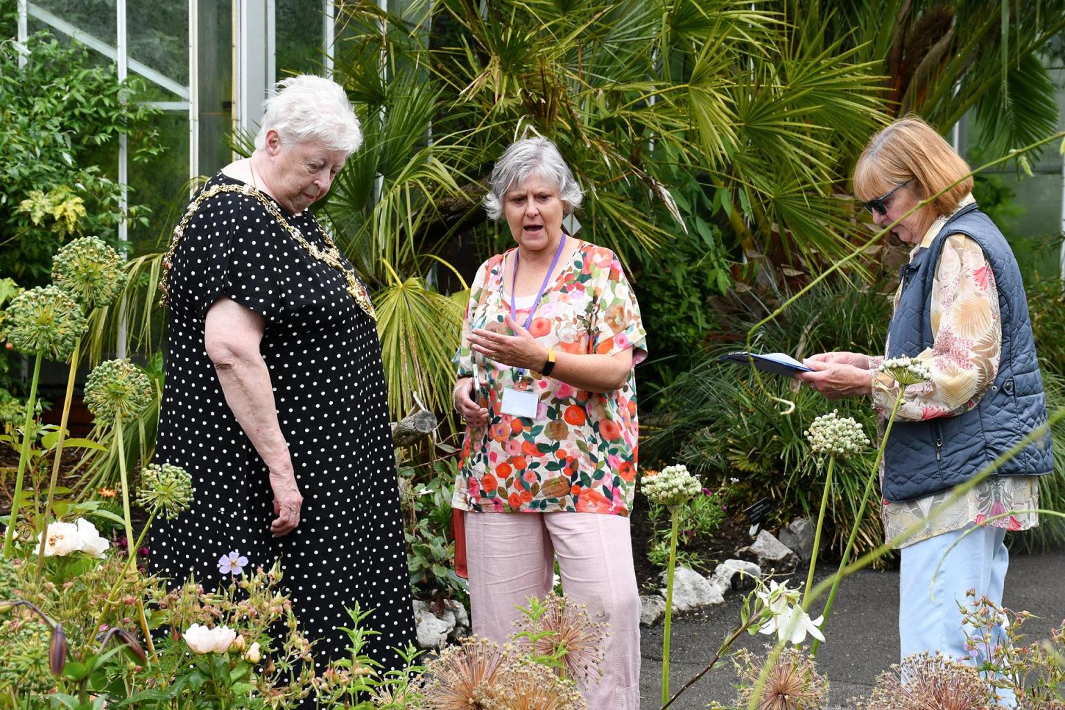The Lord Mayor of Swansea, wearing her chain of office, looks at planting in the Botanical Gardens with two other women.