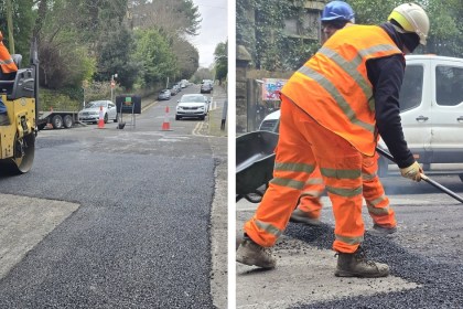 A montage of two images showing road resurfacing in Swansea — a roller laying fresh tarmac on the left, and workers raking asphalt on the right.