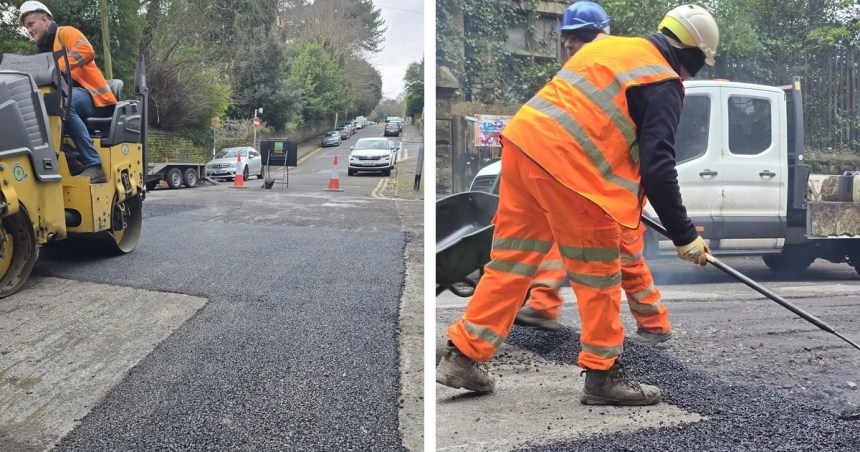 A montage of two images showing road resurfacing in Swansea — a roller laying fresh tarmac on the left, and workers raking asphalt on the right.