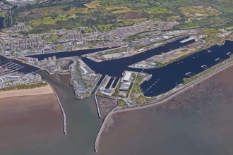 Aerial satellite view of Swansea Docks, showing the marina, docks and waterfront from above