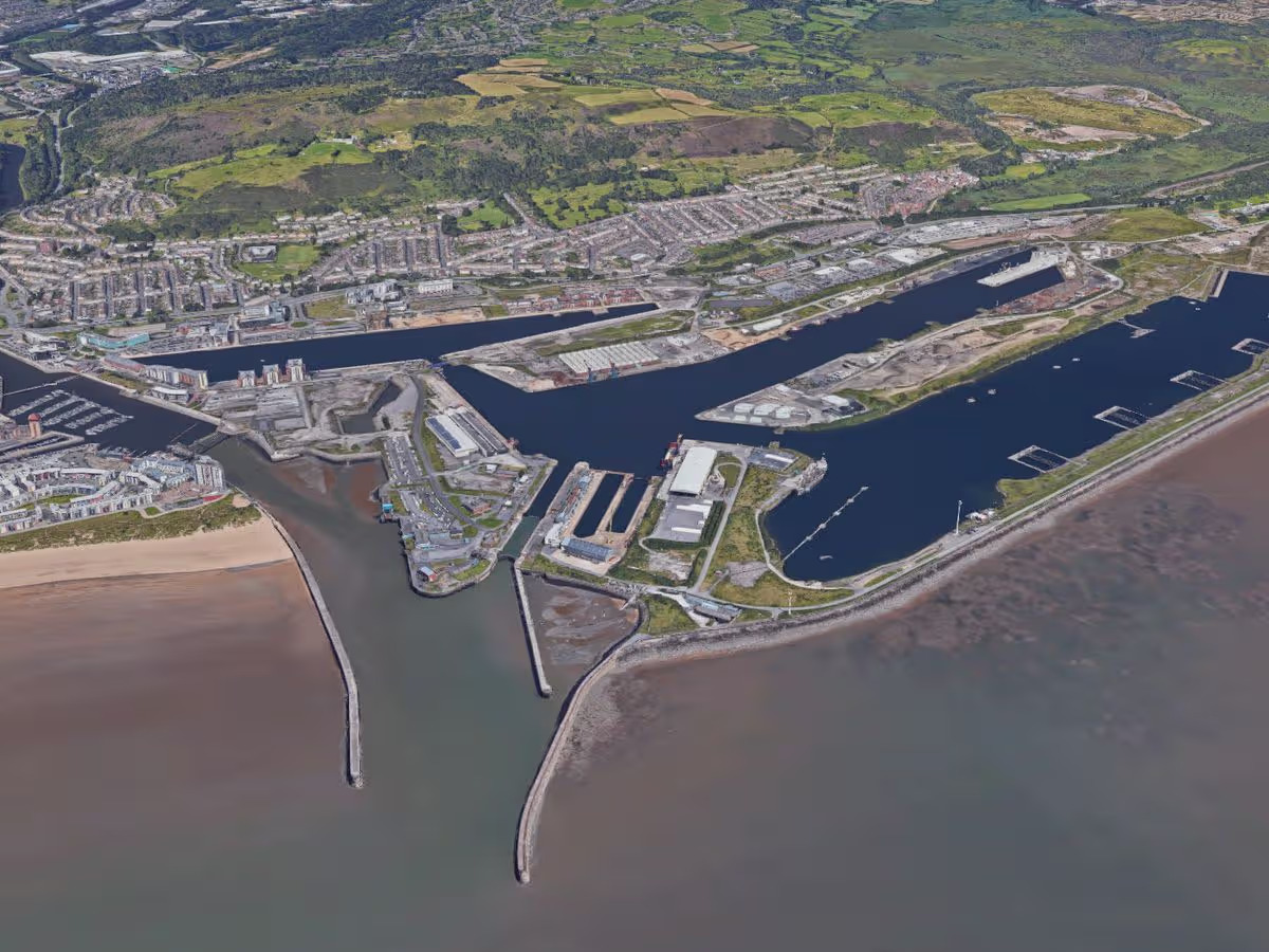 Aerial satellite view of Swansea Docks, showing the marina, docks and waterfront from above