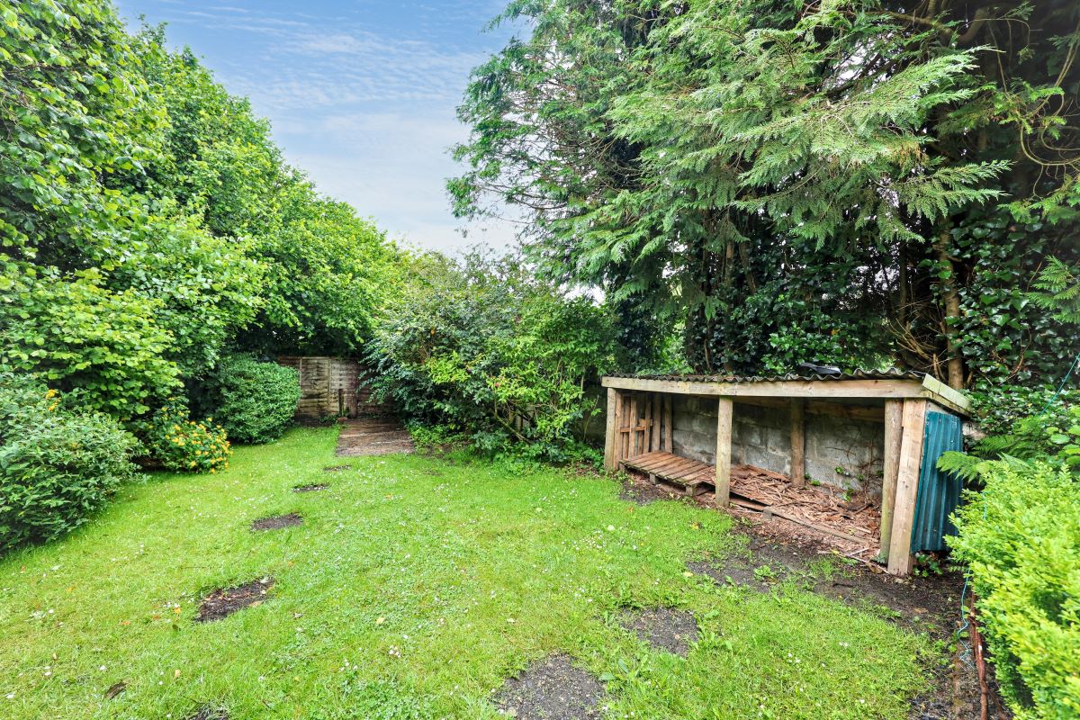 The secluded lawned rear garden at Gate House, Llannon, with a timber outbuilding