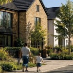 CGI of a tree-lined street of new brick homes with a family walking