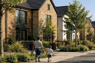 CGI of a tree-lined street of new brick homes with a family walking