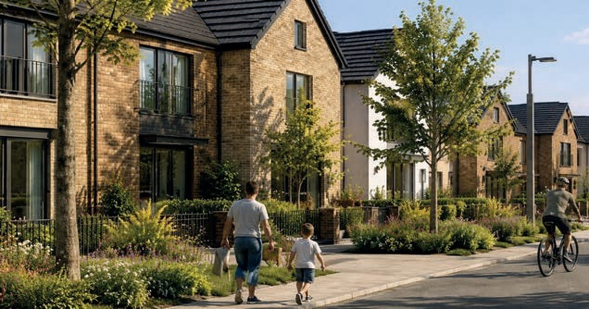 CGI of a tree-lined street of new brick homes with a family walking