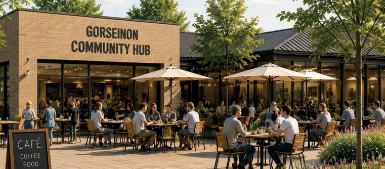 CGI of a brick community hub building with people at outdoor cafe tables