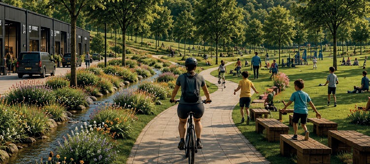 CGI of a cyclist and families in a park beside a stream and workshops