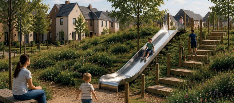 CGI of children on a hillside slide beside timber steps and new homes