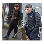 Two CCTV images of a man in a dark padded jacket and blue trainers carrying a rucksack at a railway station.