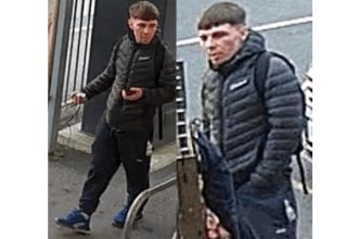 Two CCTV images of a man in a dark padded jacket and blue trainers carrying a rucksack at a railway station.