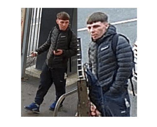 Two CCTV images of a man in a dark padded jacket and blue trainers carrying a rucksack at a railway station.