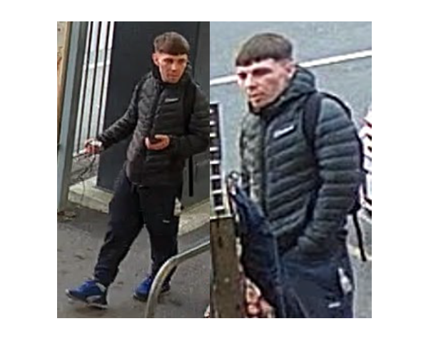 Two CCTV images of a man in a dark padded jacket and blue trainers carrying a rucksack at a railway station.