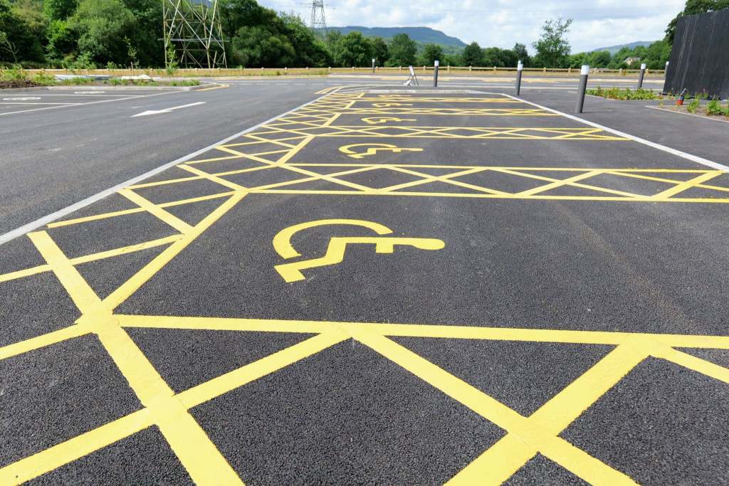 Newly painted accessible parking bays at the Pontneddfechan car park
