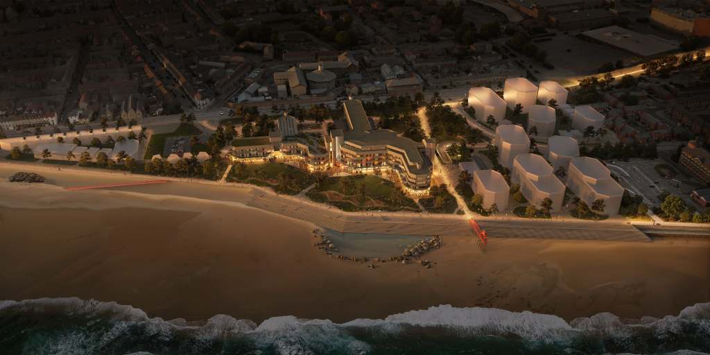 CGI aerial night view of the redeveloped Civic Centre site, lit up beside the beach with new coastal steps and the lido below