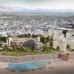 CGI aerial view of the redeveloped Civic Centre with a saltwater lido full of swimmers on the beach below and Swansea beyond