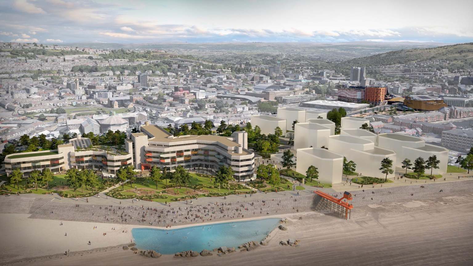 CGI aerial view of the redeveloped Civic Centre with a saltwater lido full of swimmers on the beach below and Swansea beyond