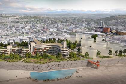 CGI aerial view of the redeveloped Civic Centre with a saltwater lido full of swimmers on the beach below and Swansea beyond