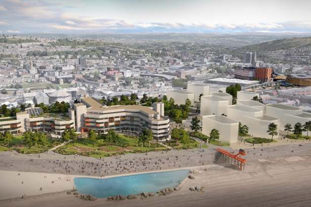 CGI aerial view of the redeveloped Civic Centre with a saltwater lido full of swimmers on the beach below and Swansea beyond