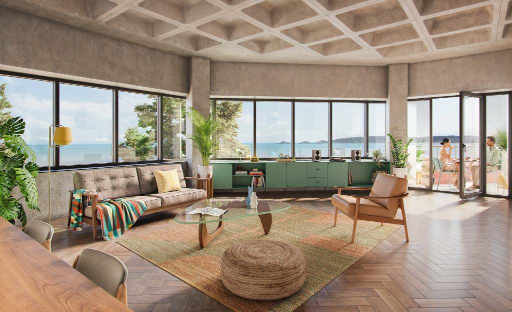 CGI of an open-plan apartment with mid-century furniture, coffered concrete ceiling and windows looking out over Swansea Bay