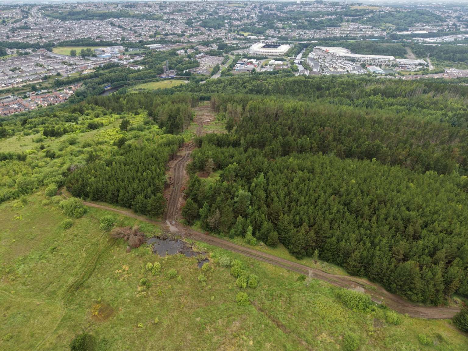 Aerial view of the gondola corridor cleared through the conifers on Kilvey Hill, with the Swansea.com Stadium and city beyond