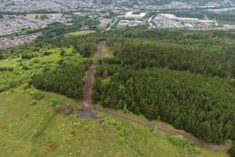 Aerial view of the gondola corridor cleared through the conifers on Kilvey Hill, with the Swansea.com Stadium and city beyond