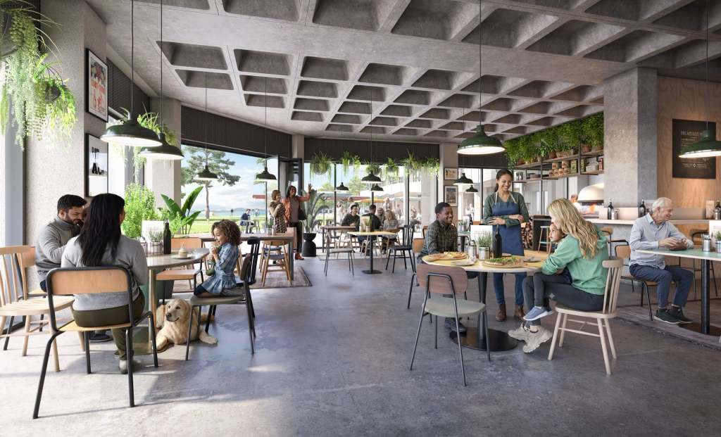 CGI of a restaurant inside the redeveloped Civic Centre, with families at tables under a coffered concrete ceiling and views to the seafront