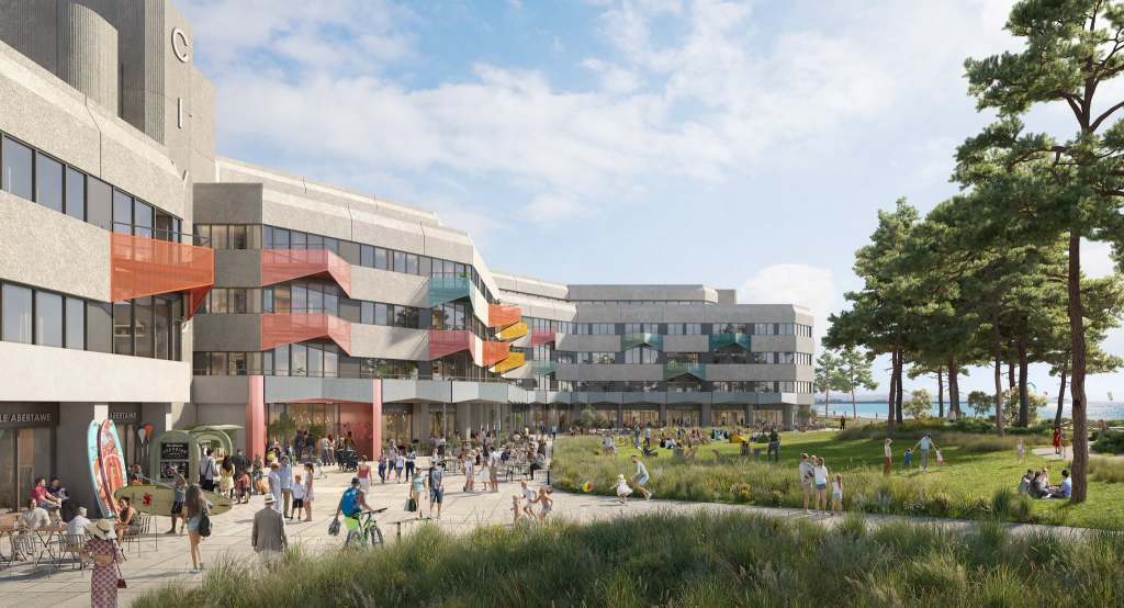 CGI of the redeveloped Civic Centre with colourful zigzag balconies, café terraces and people on a seafront green