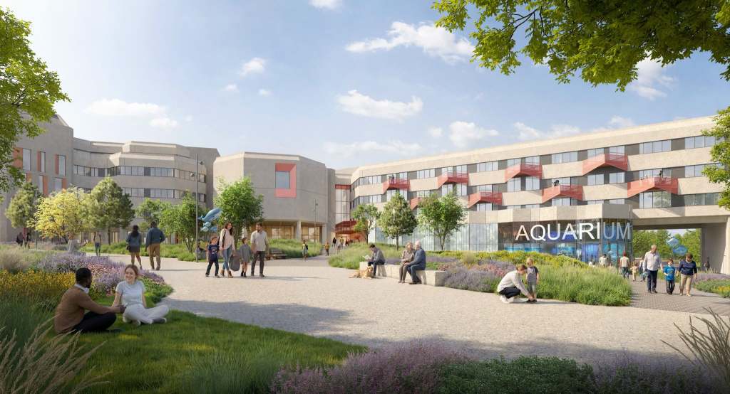 CGI of the aquarium entrance at the redeveloped Civic Centre, with red balconies above and landscaped gardens in front