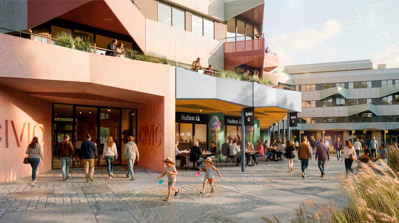 CGI of the proposed Civic Centre redevelopment, with people walking through a landscaped plaza past cafés and shops, apartments above and a roof terrace overlooking the bay.