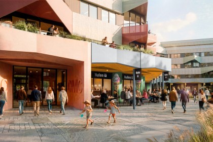 CGI of the proposed Civic Centre redevelopment, with people walking through a landscaped plaza past cafés and shops, apartments above and a roof terrace overlooking the bay.