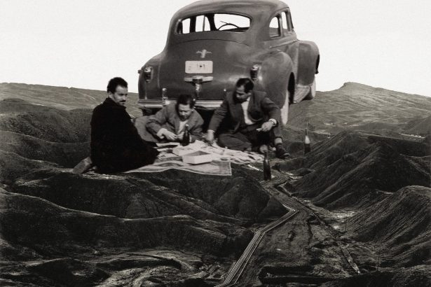 A black and white collage of three men picnicking beside a vintage car on a barren hilly landscape crossed by oil pipelines.
