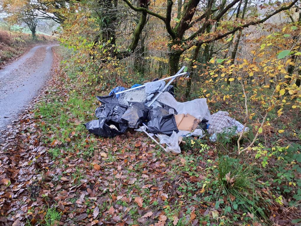 A pile of fly-tipped waste including black bin bags, plastic sheeting and metal poles on the leaf-covered verge of a country lane