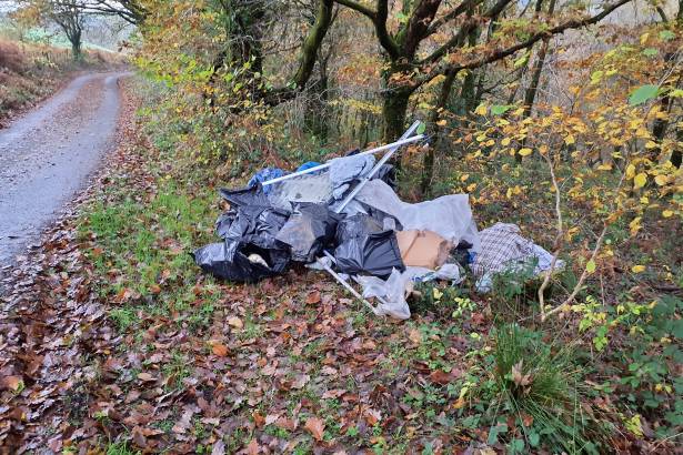 A pile of fly-tipped waste including black bin bags, plastic sheeting and metal poles on the leaf-covered verge of a country lane
