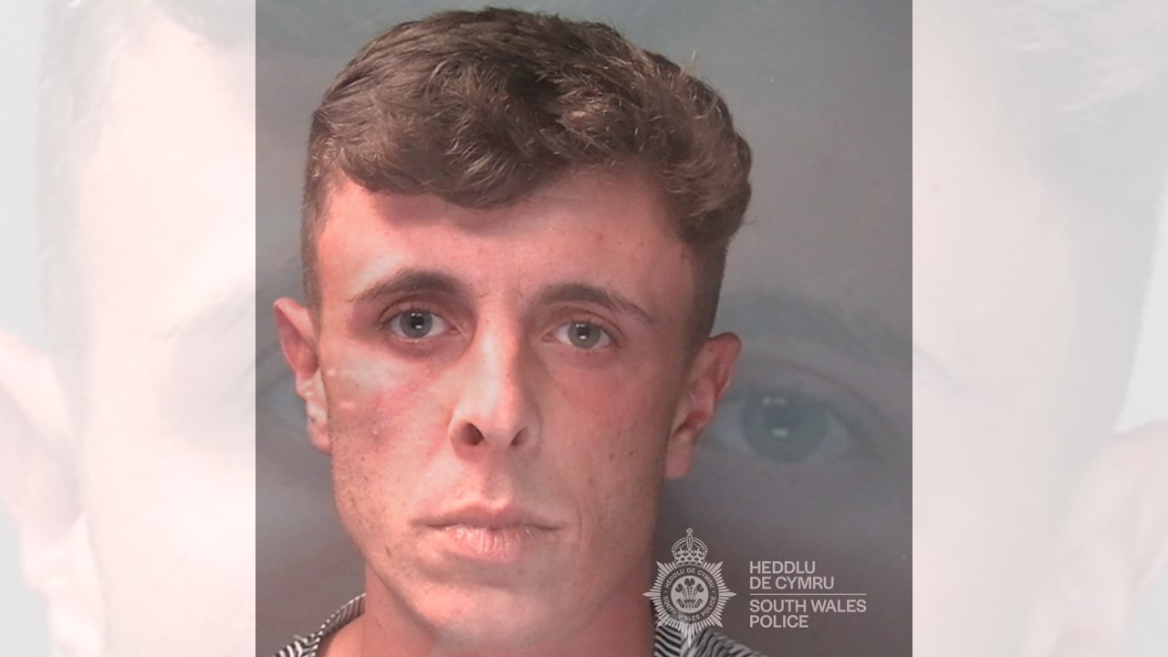 Custody photo of Flynn Johnson-Andrews, a man with short dark hair, issued by South Wales Police