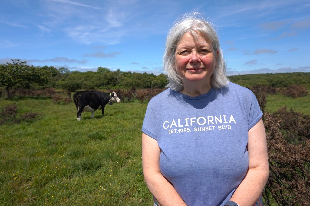 Tanya Nash smiling in a field on Fairwood Common with a black and white cow grazing behind her