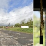 Split image showing the entrance to the AMG Resources site in Llanelli with its sign visible, alongside a fly paper covered in flies hanging at a home