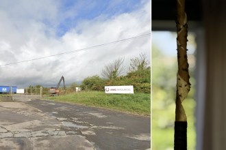 Split image showing the entrance to the AMG Resources site in Llanelli with its sign visible, alongside a fly paper covered in flies hanging at a home