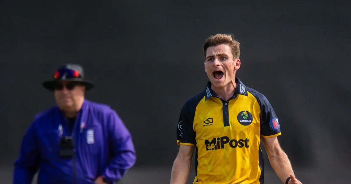 Glamorgan bowler Andy Gorvin appeals in his yellow and navy one-day kit as an umpire looks on