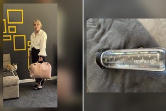 Split image showing Maria Bailey holding a pink holdall bag in her living room, and a clear water bottle with time markings lying on a grey blanket