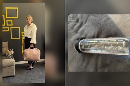 Split image showing Maria Bailey holding a pink holdall bag in her living room, and a clear water bottle with time markings lying on a grey blanket