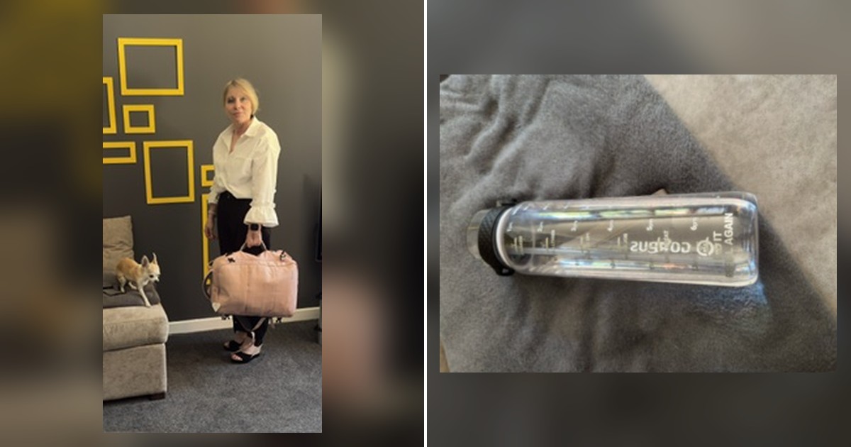 Split image showing Maria Bailey holding a pink holdall bag in her living room, and a clear water bottle with time markings lying on a grey blanket